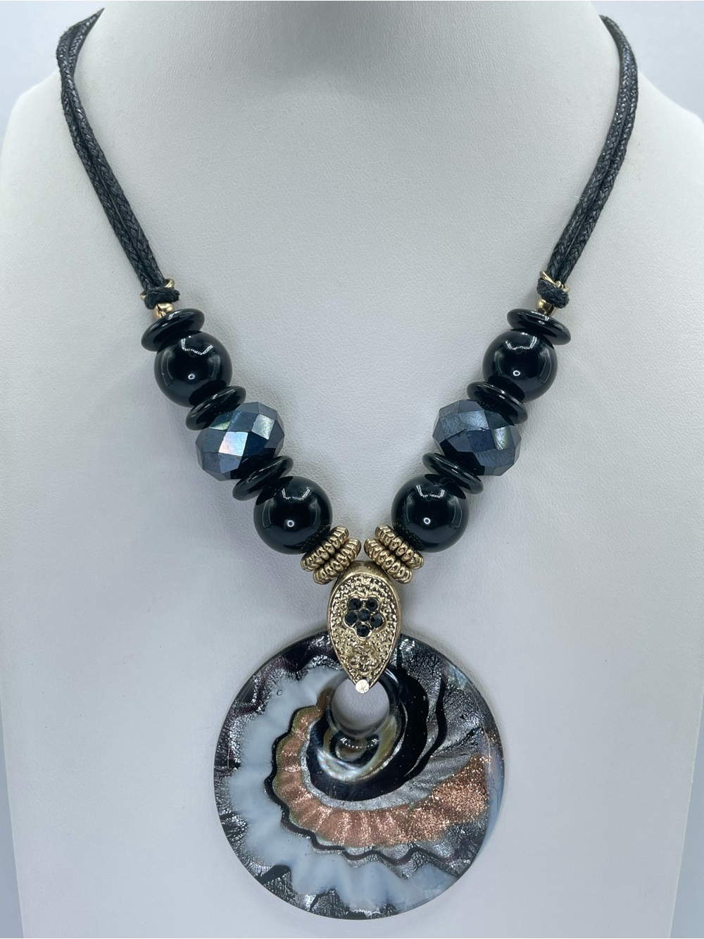 Gold Tone Black Glass Beaded Cord Necklace Murano Style Medallion Statement